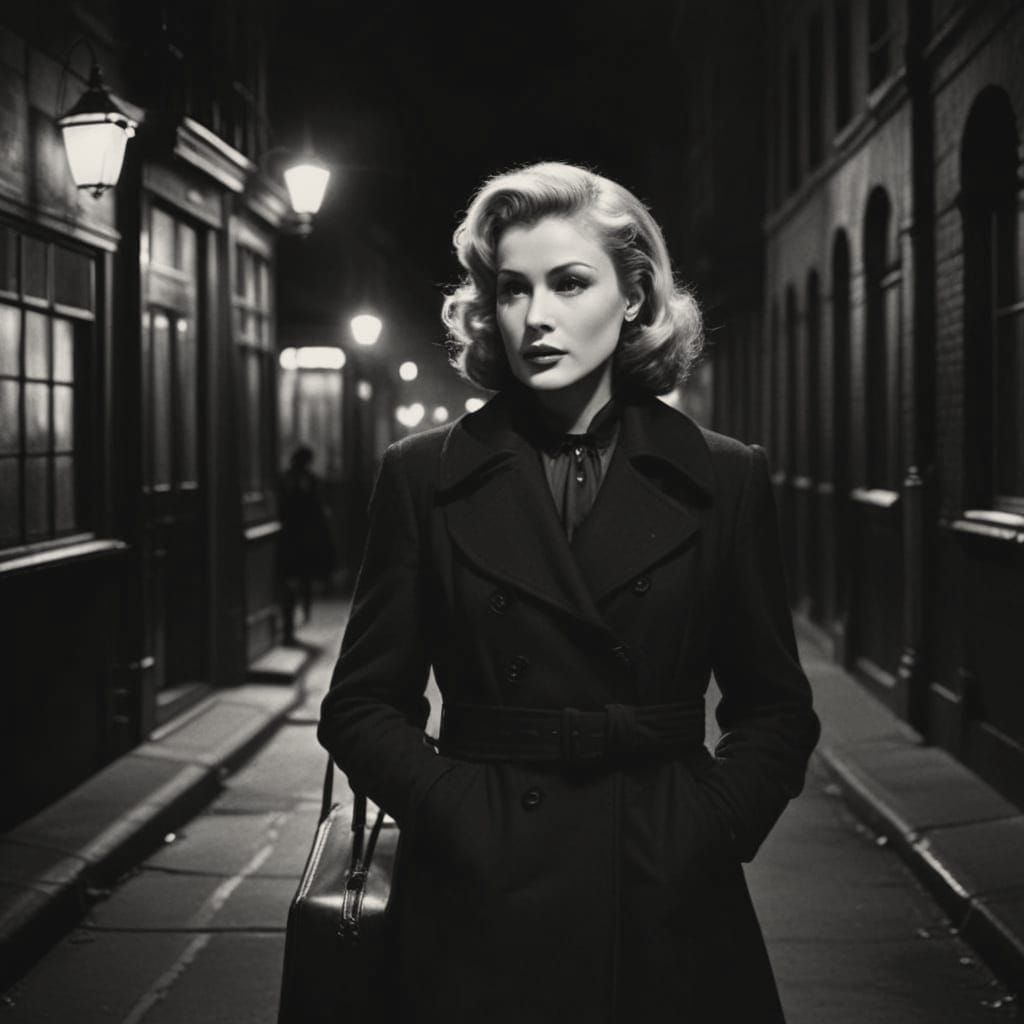 Classic Film Noir Heroine in a Gritty 1940s Cityscape