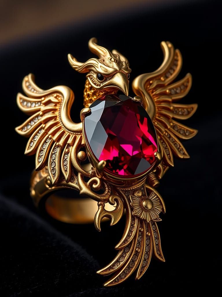 Gothic Victorian Phoenix Ring with Steampunk Elements and Ru...