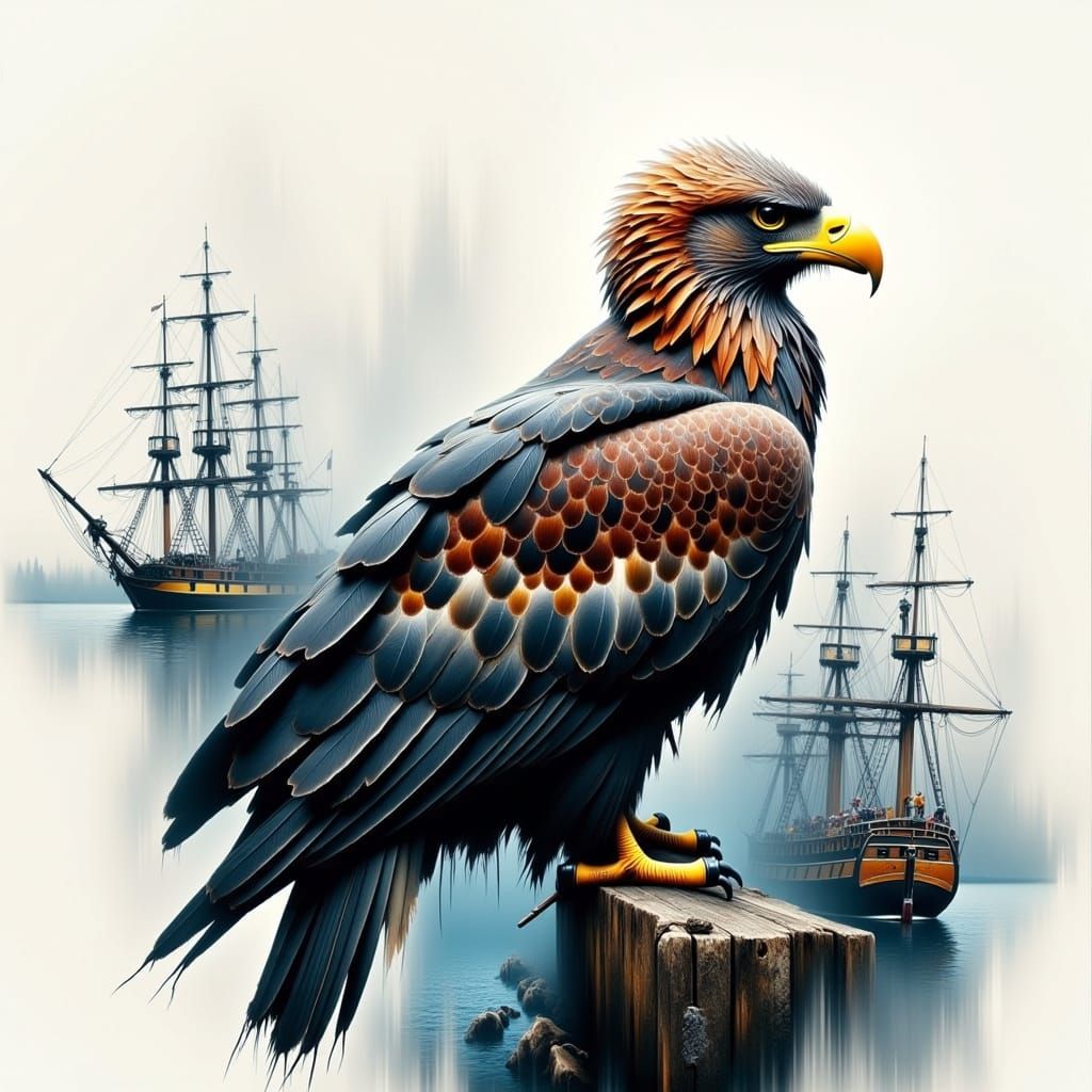 Ethereal Eagle Double Exposure: Sea Boats Harbour