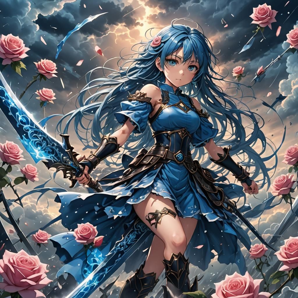 Azure Blue Rose Amidst Sword Fragments: Anime Art