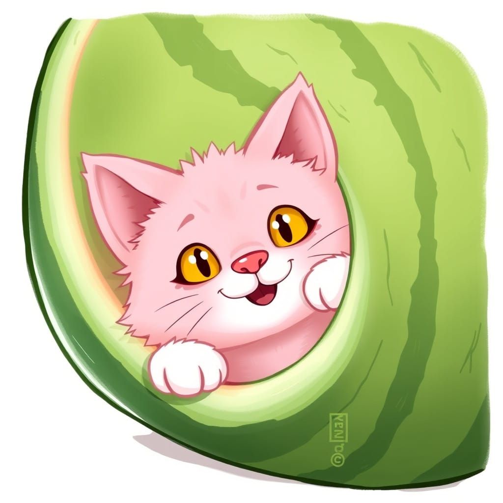 Whimsical Pink Cat Pops Out from Watermelon