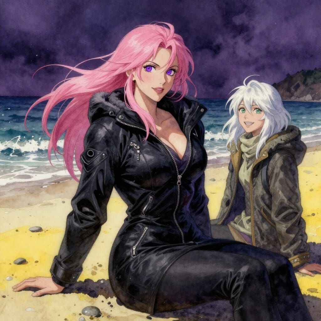 Winter Beach Scene with Two Women in Watercolor Style