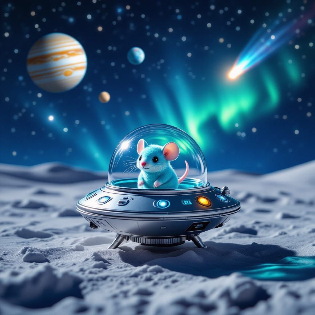 Alien Spaceship with Chibi Mouse on the Moon