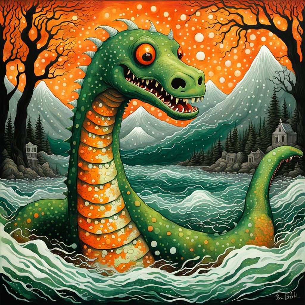 Frightening Polka Dot Loch Ness Monster in Contemporary Styl...