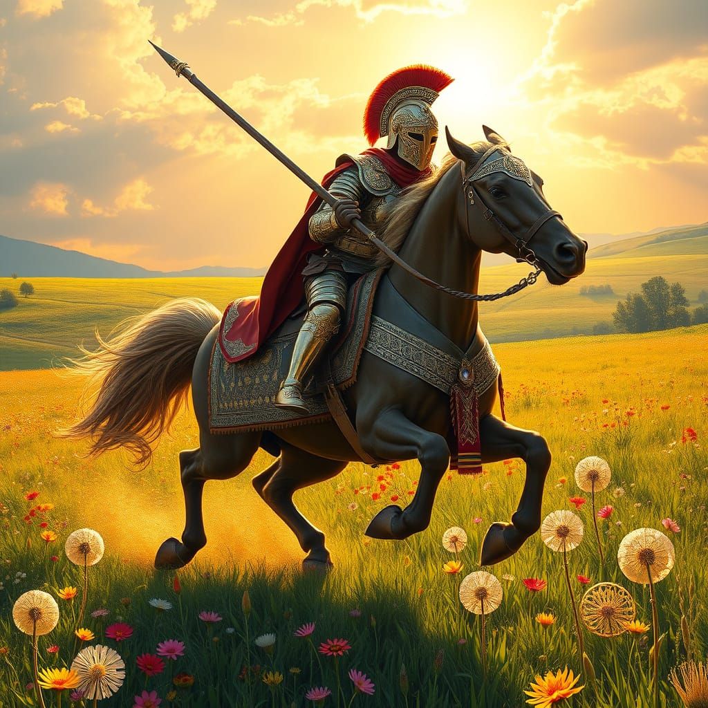 Byzantine Warhorse in Regal Lamellar Armour Charges Across V...