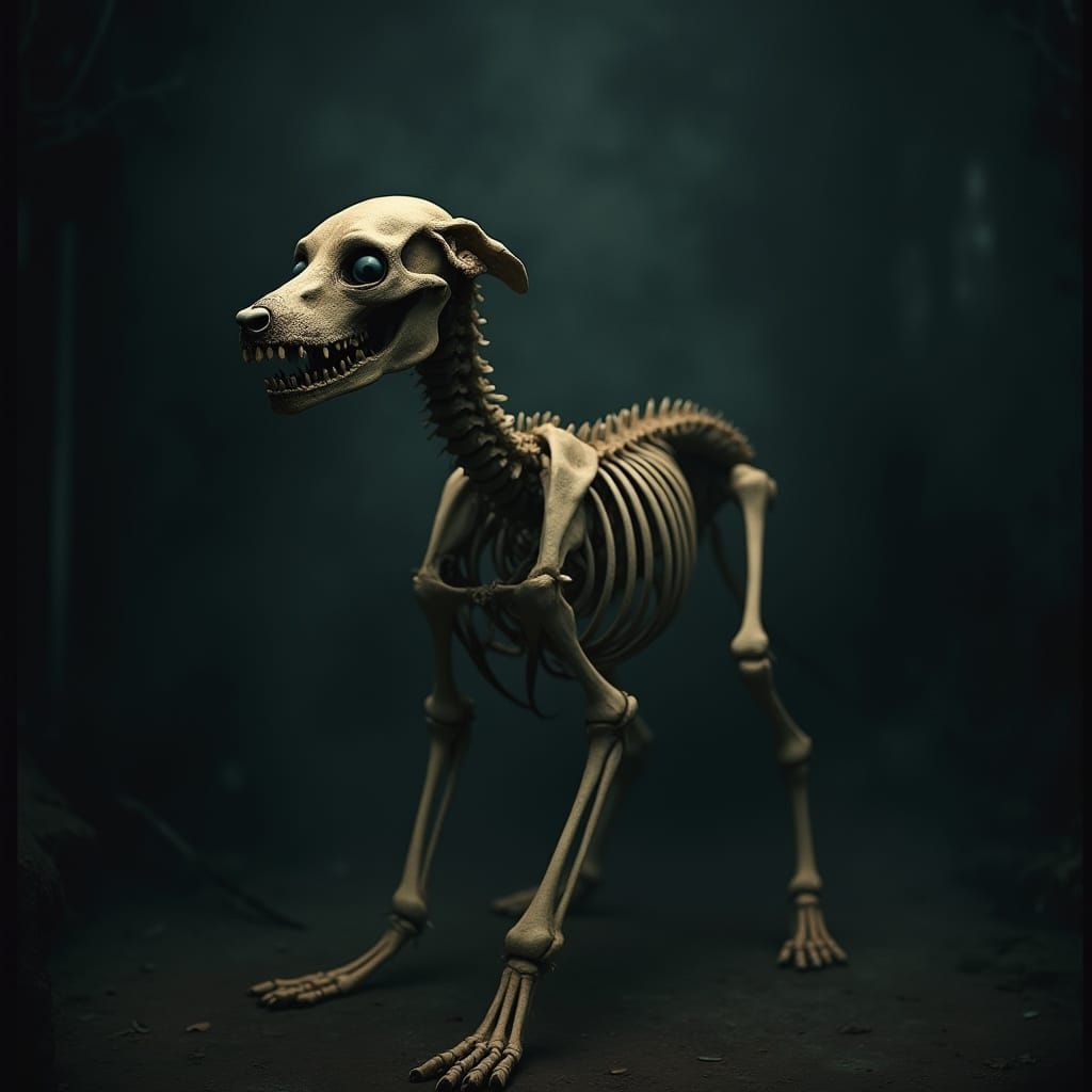 Eerie Skeleton Dog in Cinematic Vintage Film Style