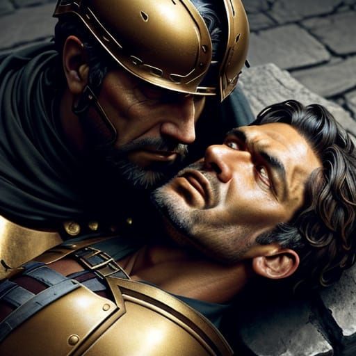 Roman Soldier Mourns Fallen Gladiator in Cinematic Film Stil...