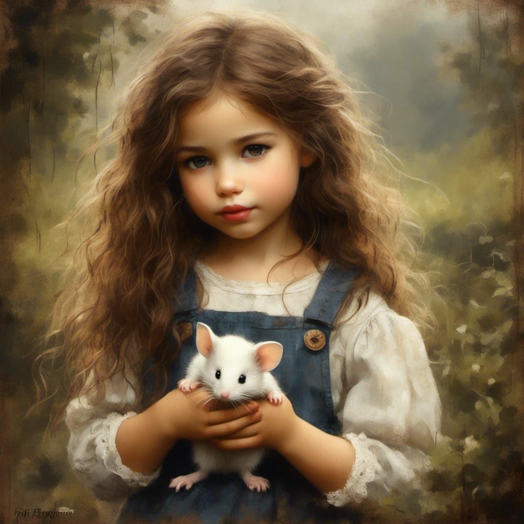 Girl with Mouse: Detailed Oil Painting