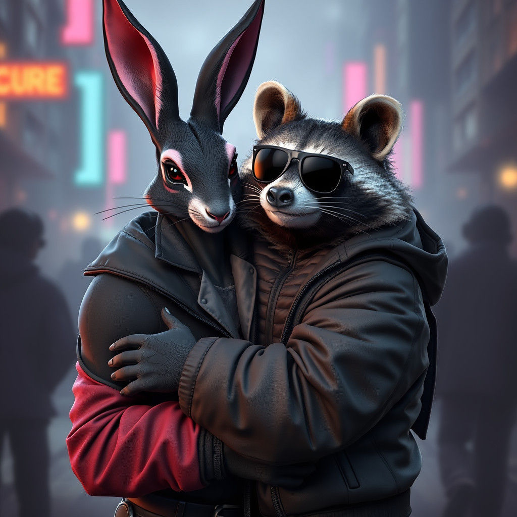 Cyberpunk Hare Hugs Raccoon in Urban Landscape
