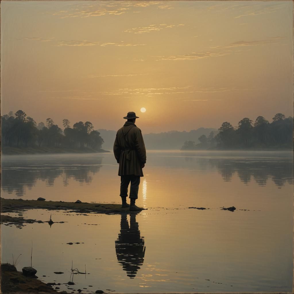 Contemplative Figure at Dawn: Romantic Landscape Painting