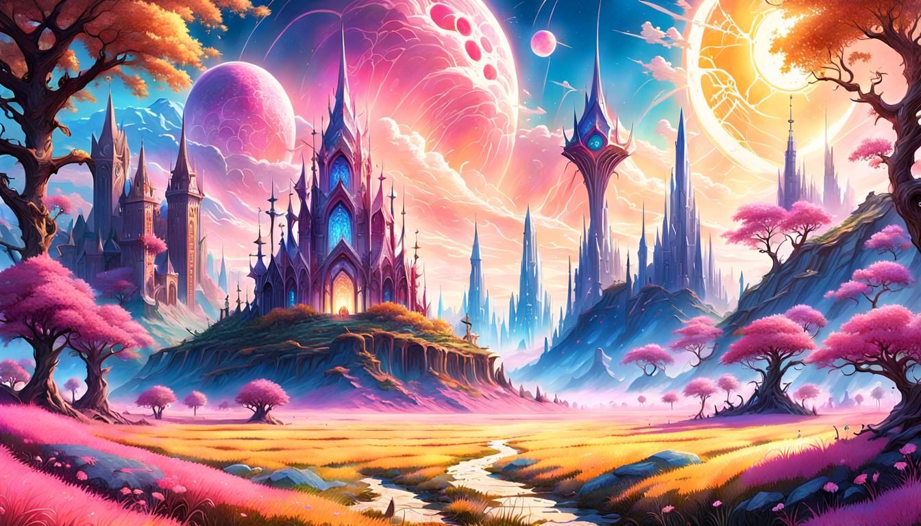 Elven City in Unearthly Pink Landscape