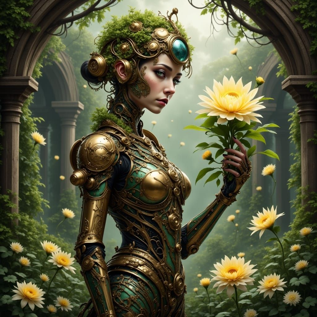 Automaton Tends Glowing Flora in Overgrown Ruin