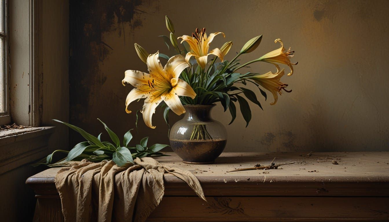 A Decaying Lily in Golden Light, in the Style of 19th Centur...