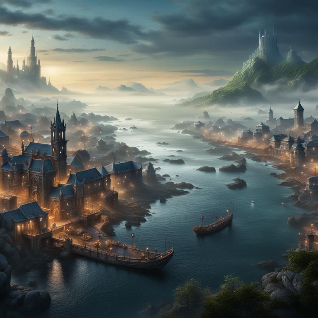 Misty Coastal City: Detailed Matte Painting