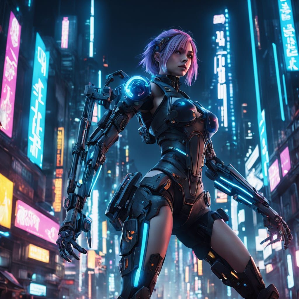 Cyberpunk Anime Girl Attacks in Neon City