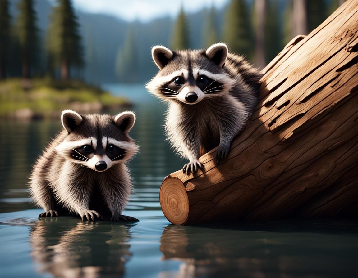 Raccoon Cubs in Hollow Log: Hyperrealistic Wildlife