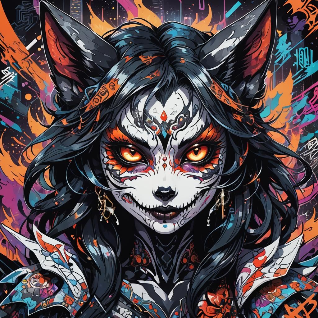 Demonic Kitsune Popstar in Dark Fantasy Pop Art
