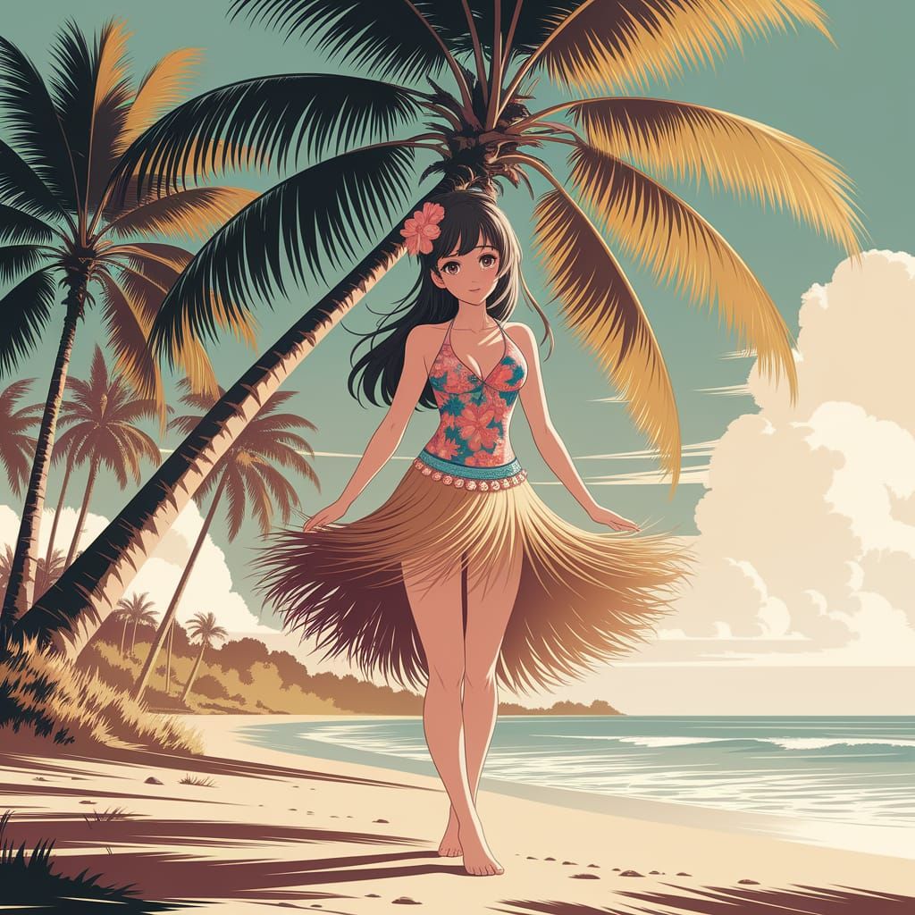Kawaii Anime Woman on Hawaiian Beach