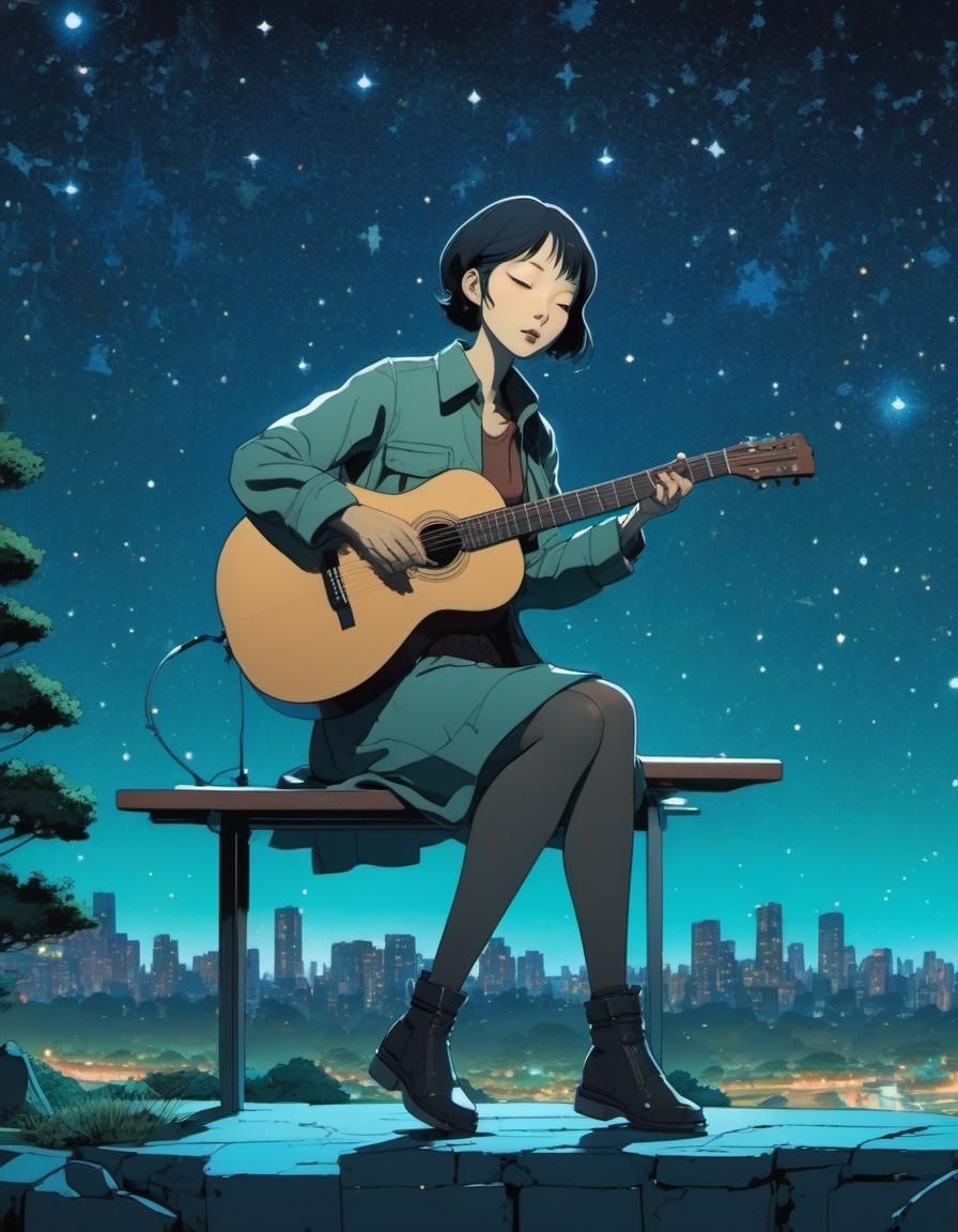 Woman Plays Guitar at Night, Manga Style
