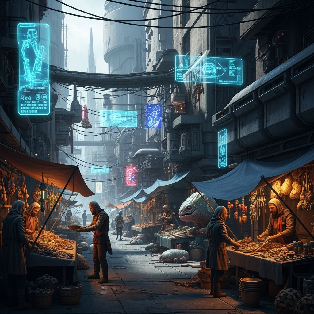 Futuristic City Marketplace with Exotic Alien Wares