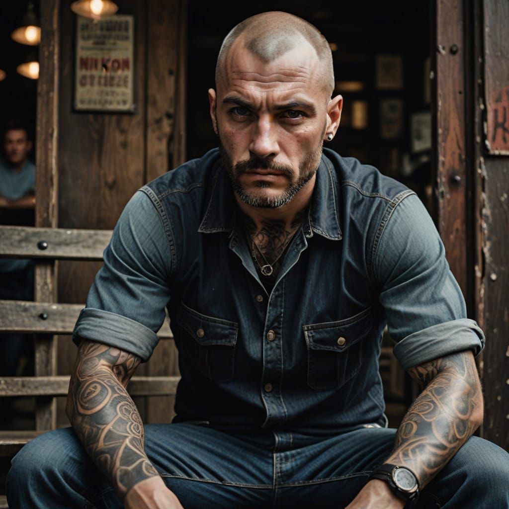 Rugged Male Skinhead Exudes Raw Masculinity in Powerful Stan...