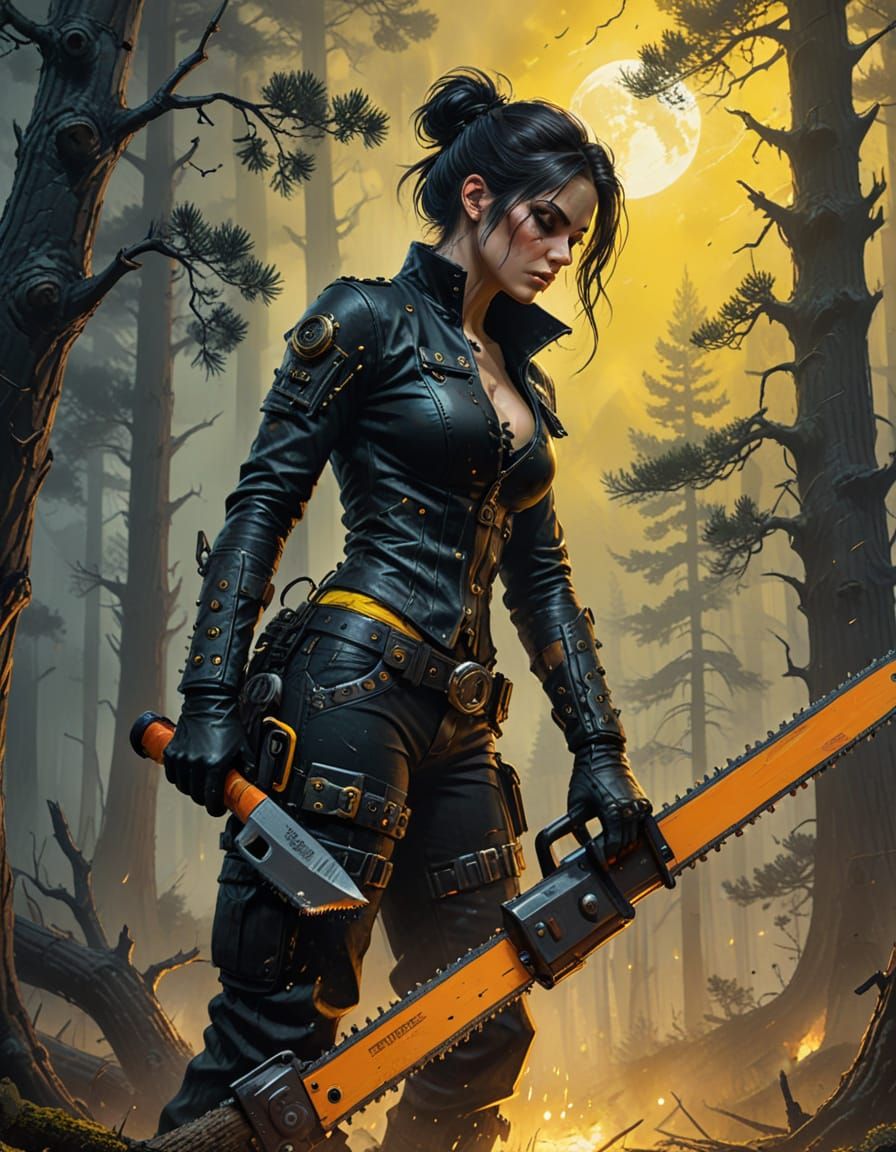 Steampunk Woman Chainsaws Tree in Misty Forest