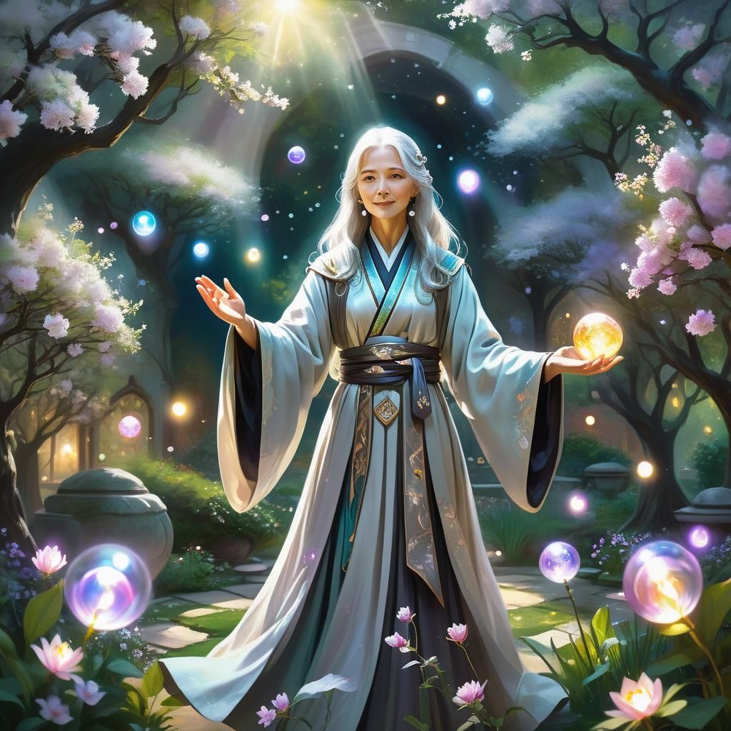 Lush Garden Teacher Surrounded by Light Orbs