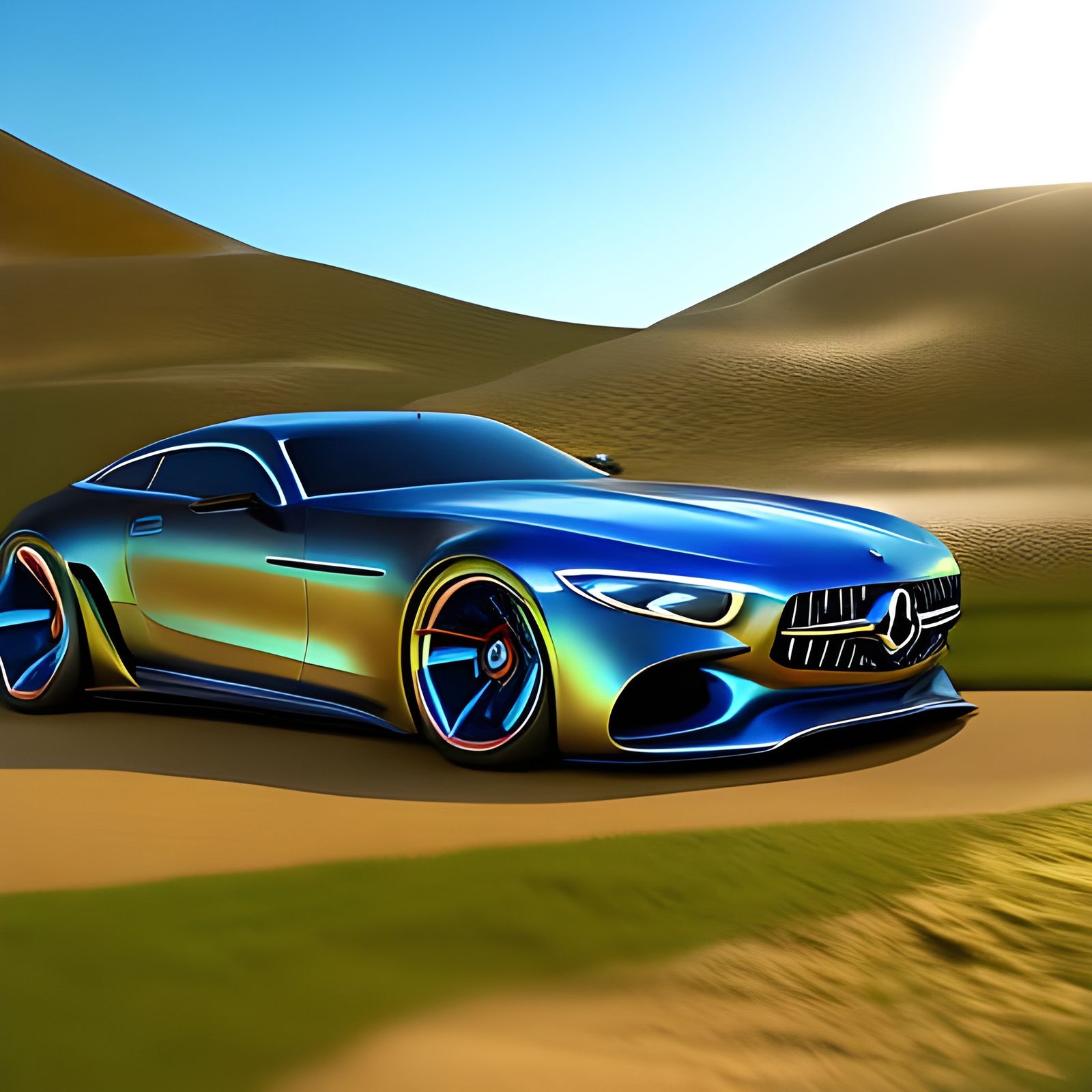 Blue Mercedes Car in 3D Digital Art Style