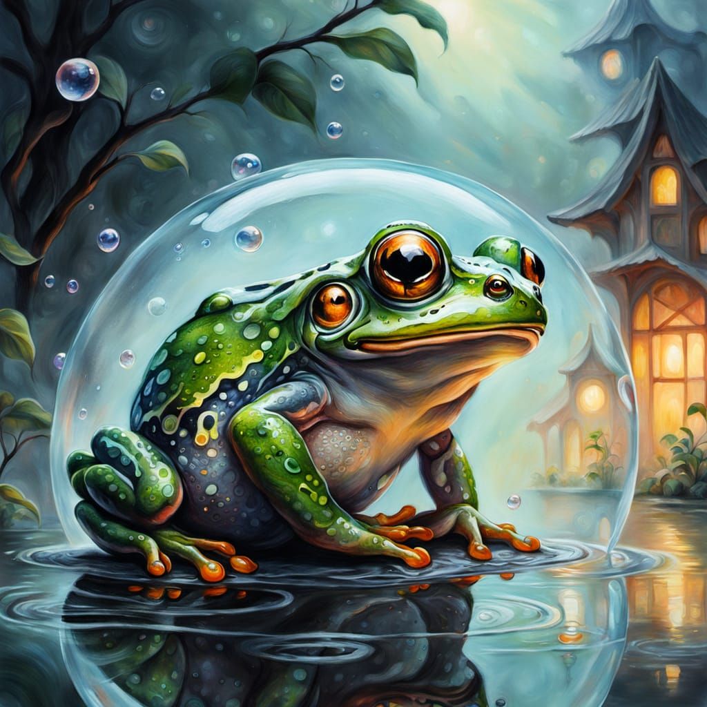 Frog in Bubble: Ethereal Gouache Charcoal Drawing