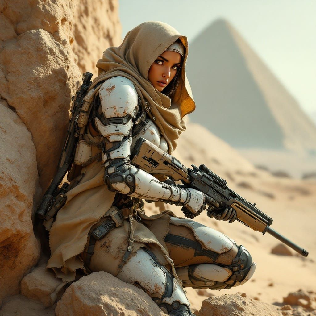 Cybernetic Desert Warrior in Gritty Sci-Fi Style