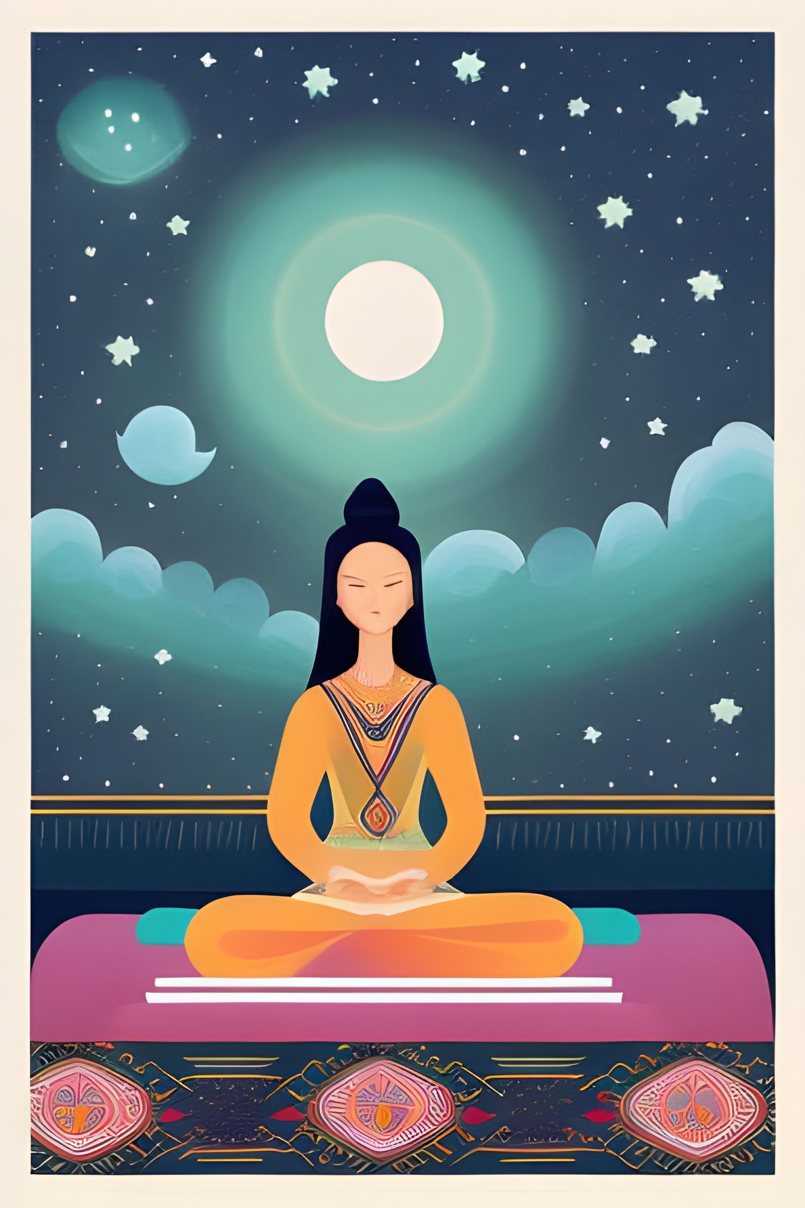 Meditating Woman Vector Art Under Night Sky