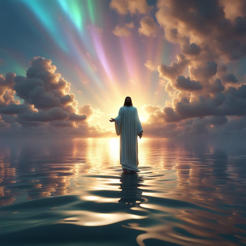 Jesus Walks on Water in Cyberpunk Game Art