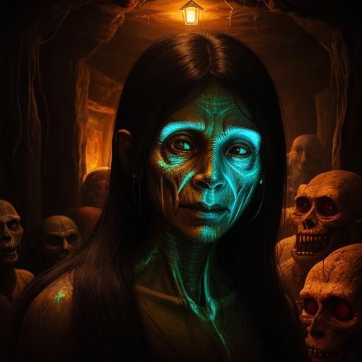 Glowing Hominids in Basement: Sinister Oil Painting