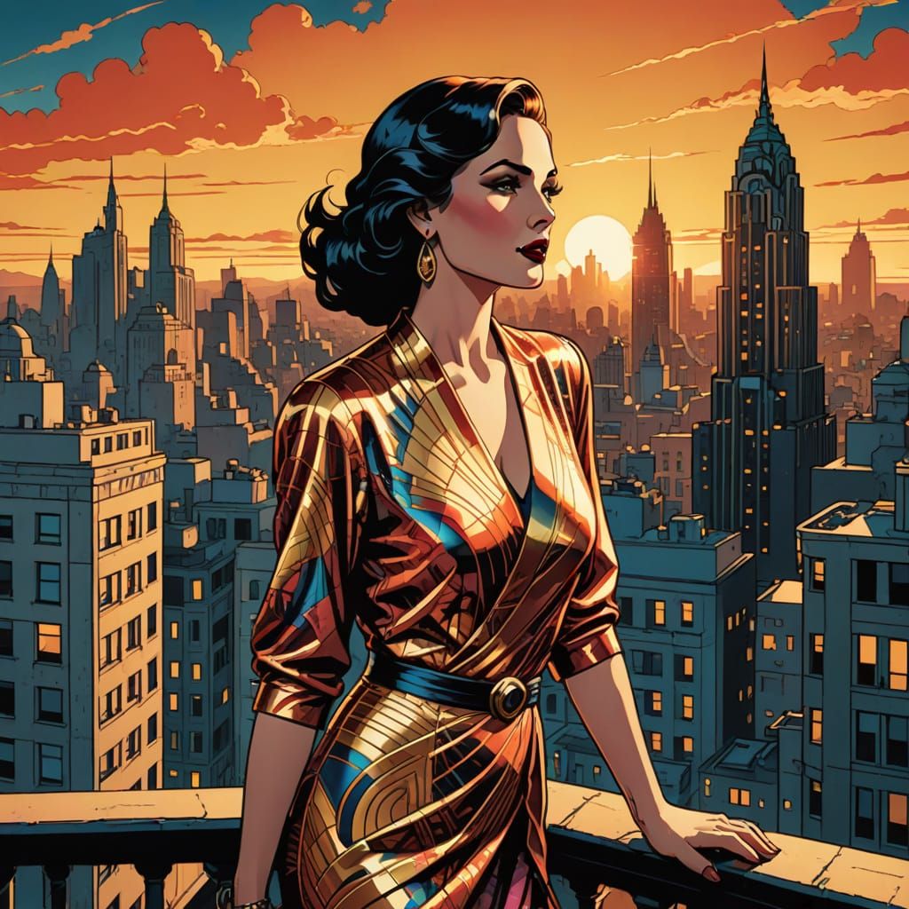 Art Deco Woman Overlooking Cityscape