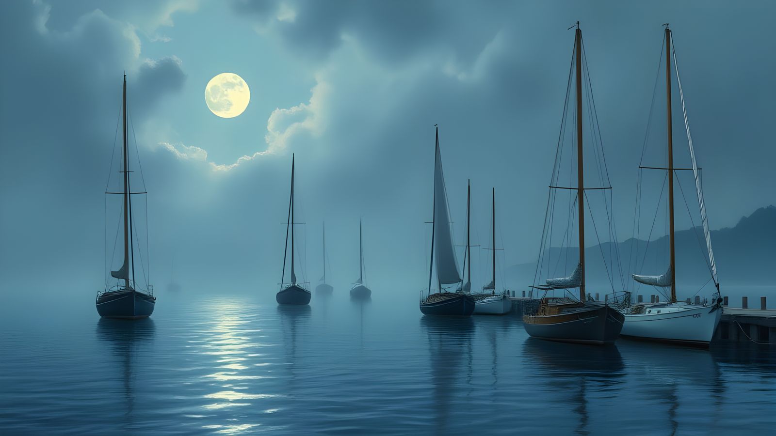 Misty Moonlit Harbor in Nocturne Art Style