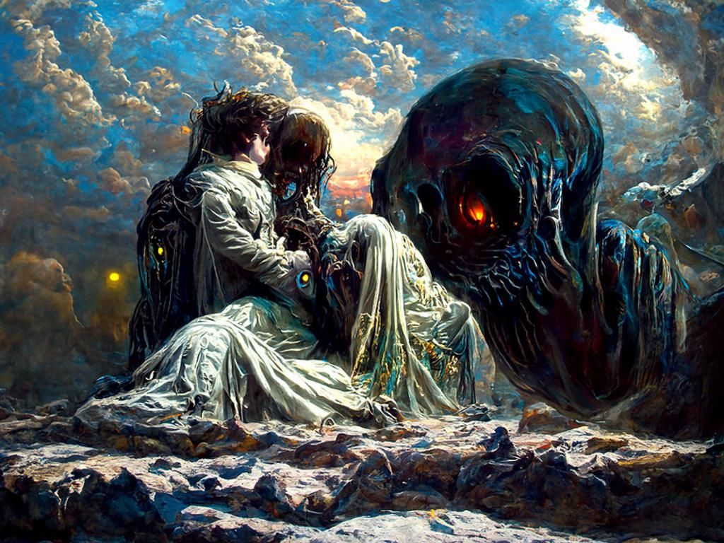 Ominous Twilight: Eldritch Horror Anime Oil Painting