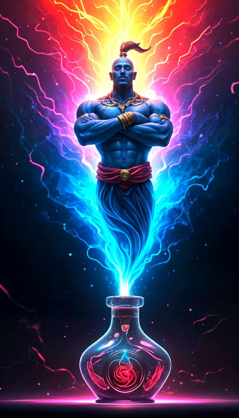 Whimsical Genie Escapes in Neon Dreamscape