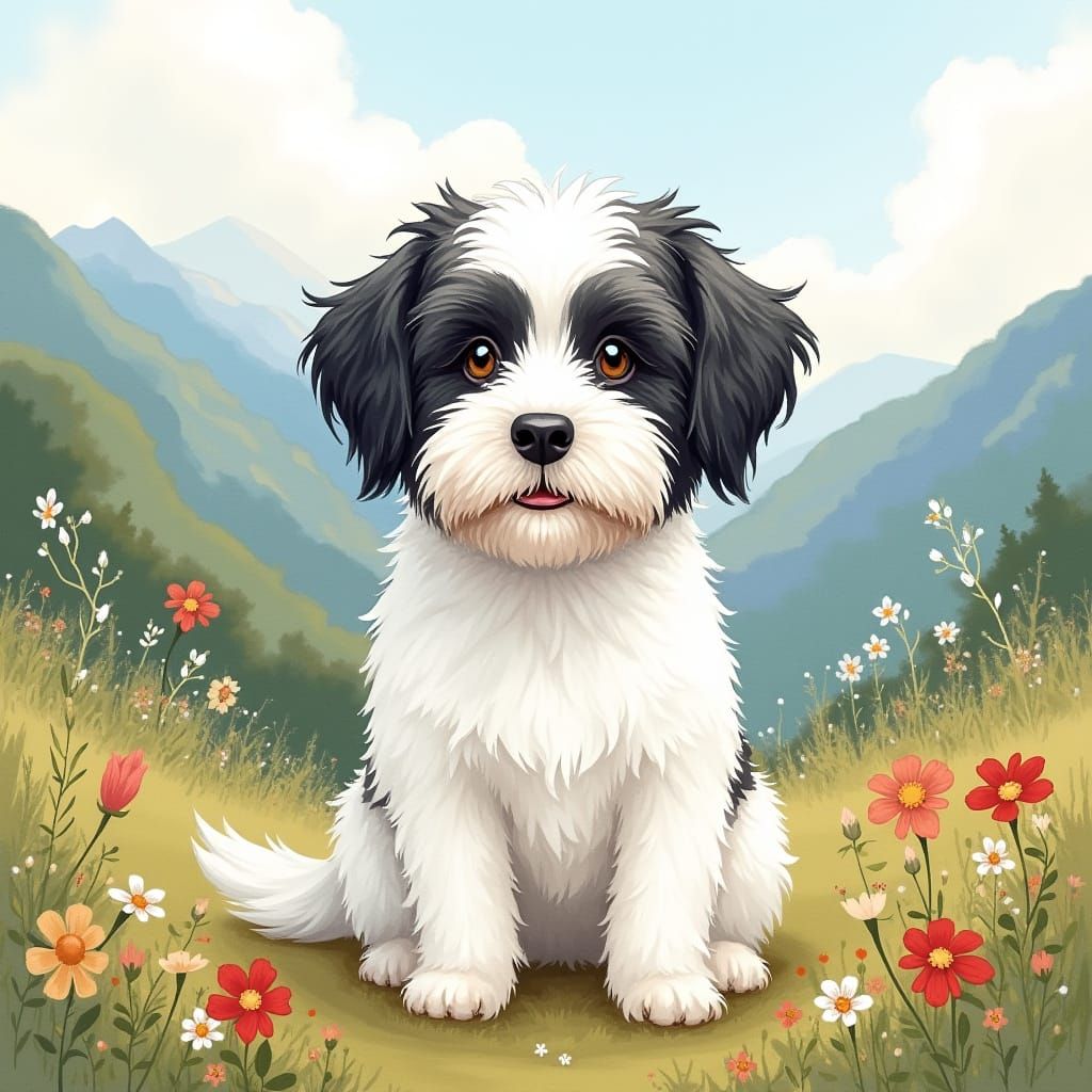 Tibetan Terrier Snoopy in Serene Mountain Meadow