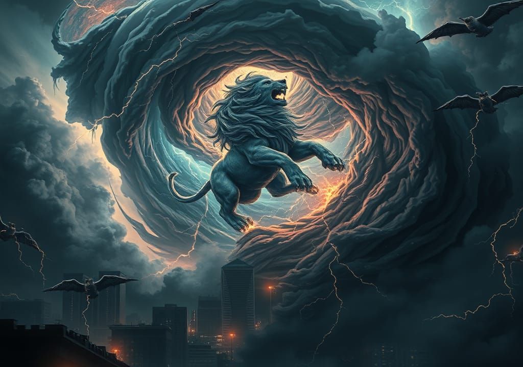 Lion Shaped Lightning Leaping Over Cityscape in Dark Fantasy