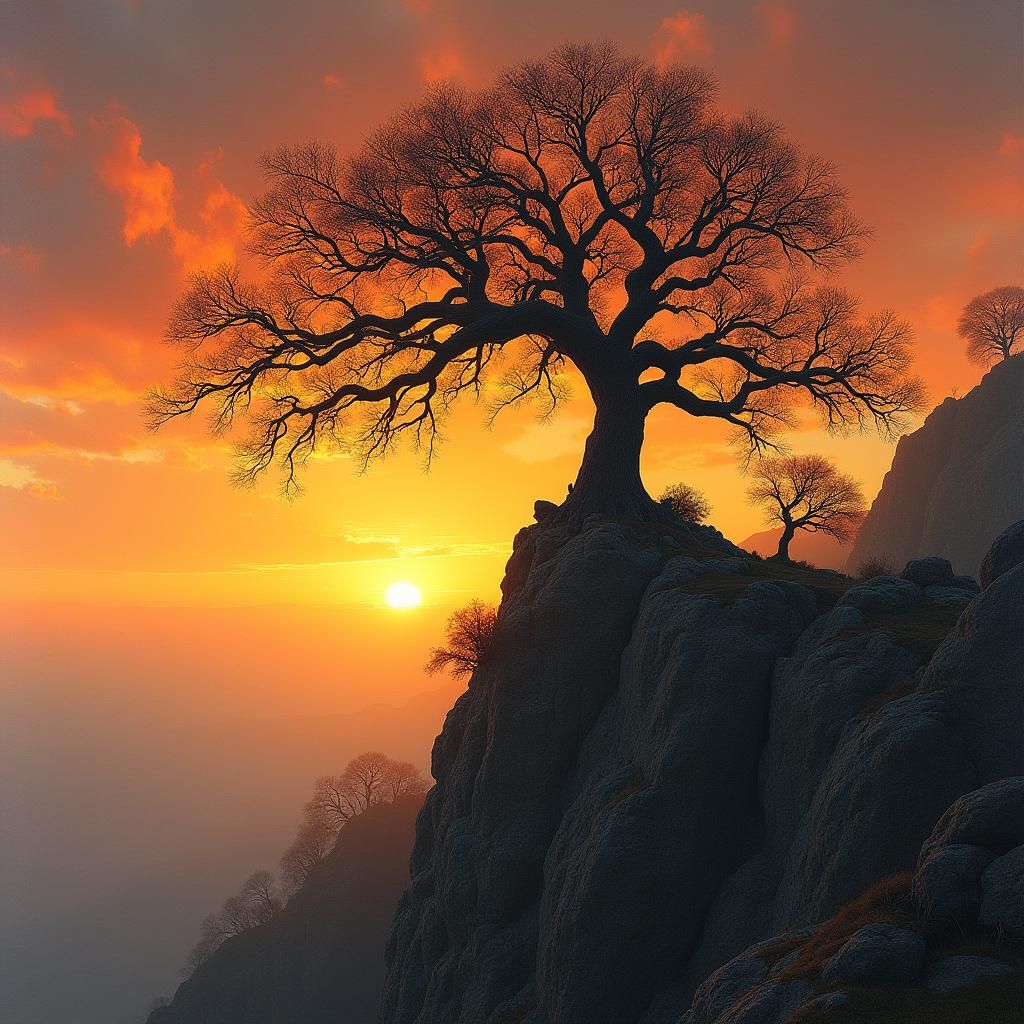 Fiery Sunset Tree on Mountain Crest