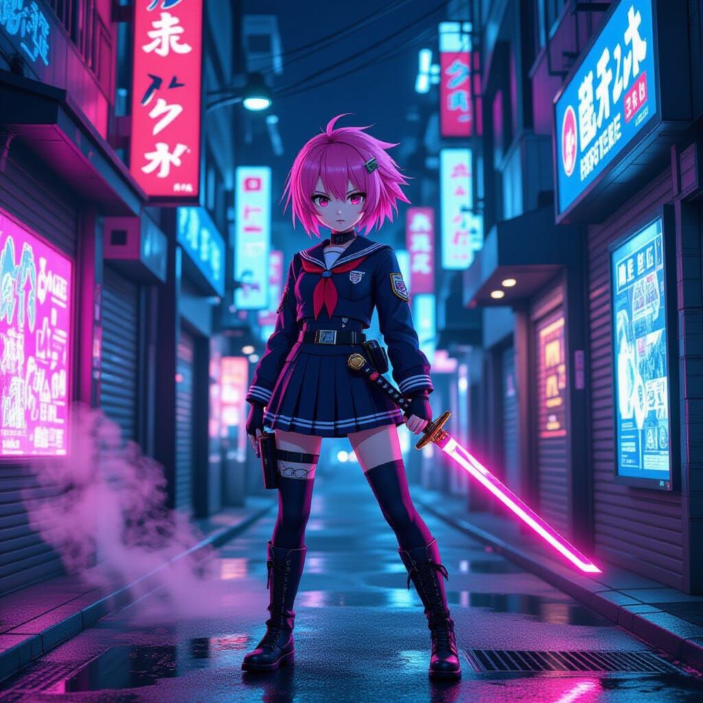 Anime Girl with Katana in Neon Tokyo, Cel-Shaded Style