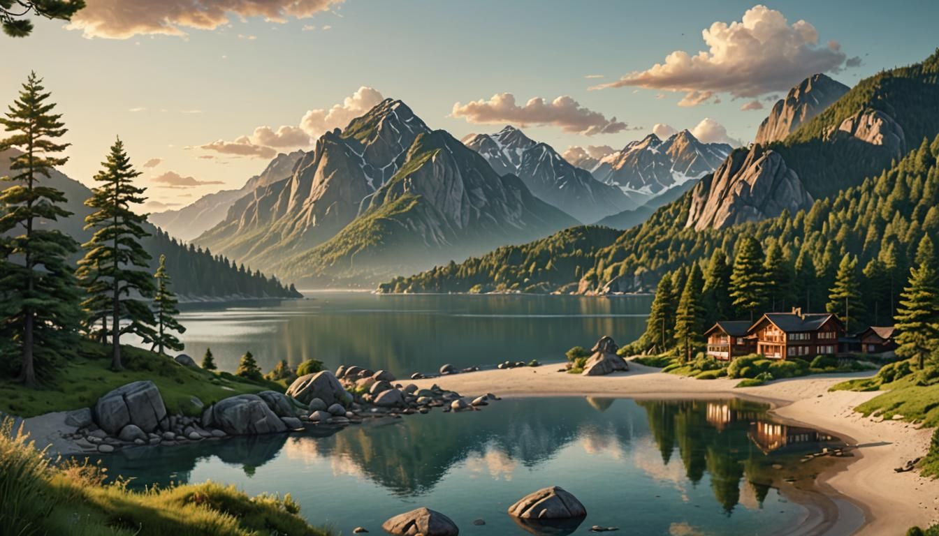 Serene Mountains Meet Sea at Dawn: Digital Painting