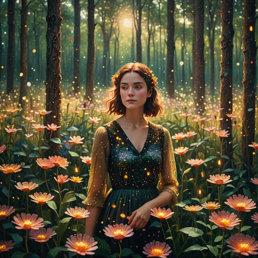 Woman in Forest: Pointillist Storybook Illustration