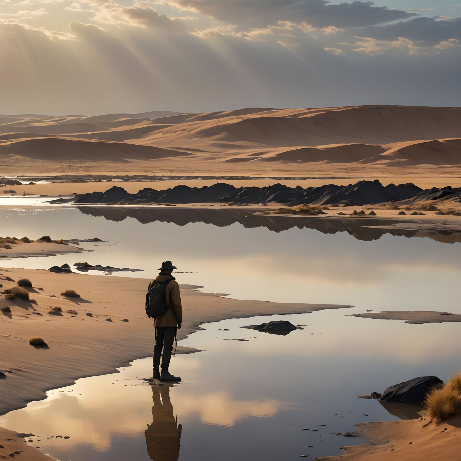 Lonely Traveler Arrives at a Small Lake