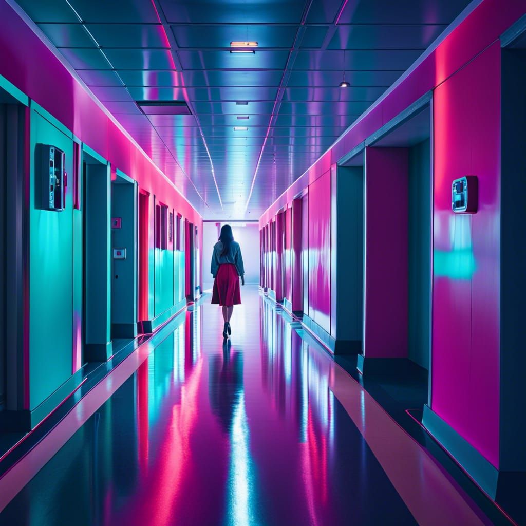 Lonely Woman in Desolate Hospital Corridor in Retrowave Styl...