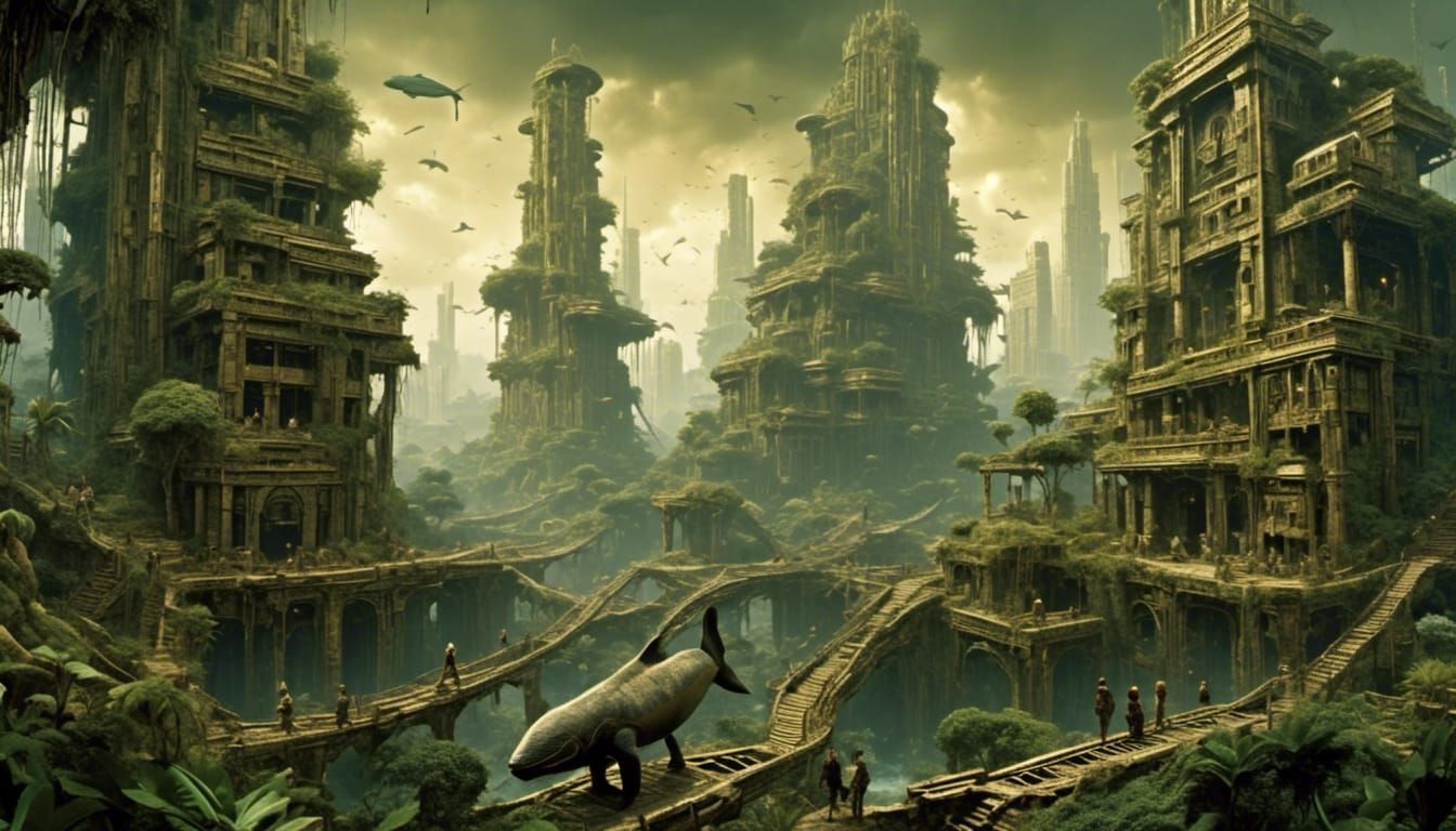 Cyberpunk Babylon Overgrown with Nature and Centipedes