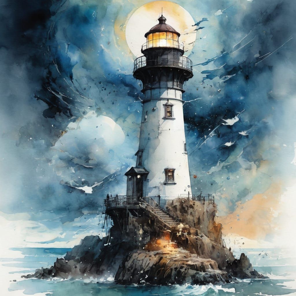 Dynamic Lighthouse in Astral Ocean Storm Watercolor
