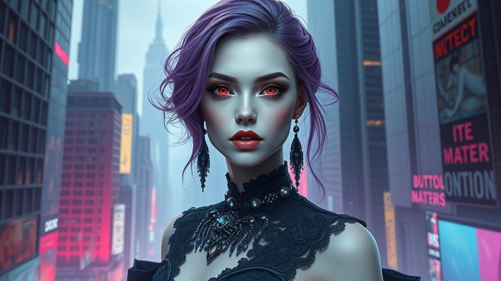 Vampiress with Purple Hair in Gothic Cityscape