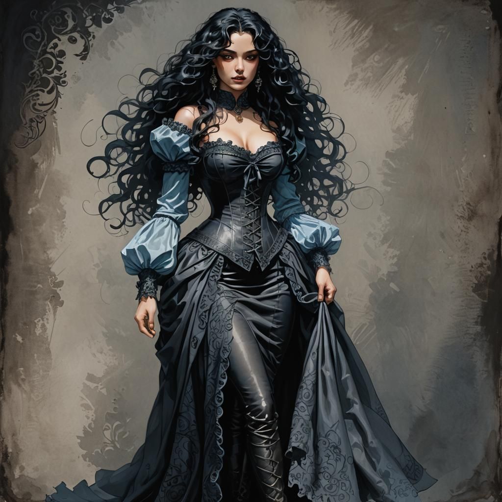 Shadowy Woman with Blue Skin in Dark Corset