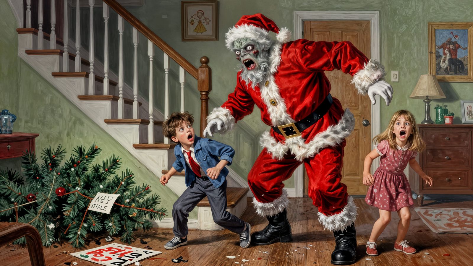 Zombie Santa Chases Children Up Stairs in 1950s Home